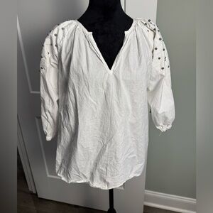 Love Sam White Studded Puff Sleeve Blouse | Boho Peasant Top